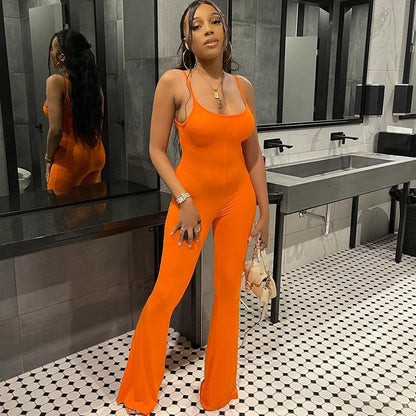 Women Clothing Spring Sexy U Collar Backless Slim Fit Solid Color Sling Jumpsuit - Wanita Store