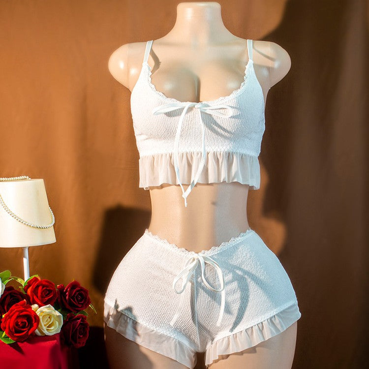 Summer Lady Sexy Underwear Sexy Sexy Bow Tied Lotus Leaf Thin Breathable Homewear Two Piece Sets