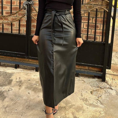 Women Clothing Autumn Winter Mid-Length Black Faux Leather Bag Buckle Slit Leather Skirt Containing Belt - Wanita Store