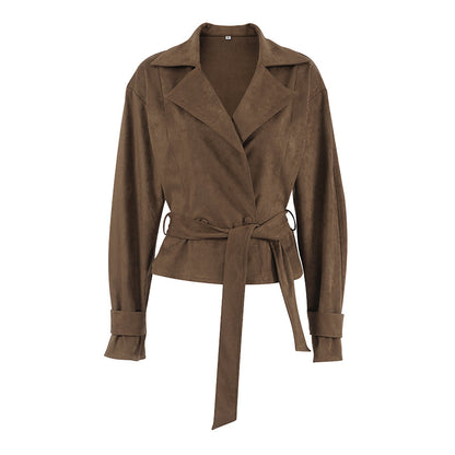 French Suede Collar Casual Double Breasted Coat Fall Winter Brushed Velvet Coat - Wanita Store