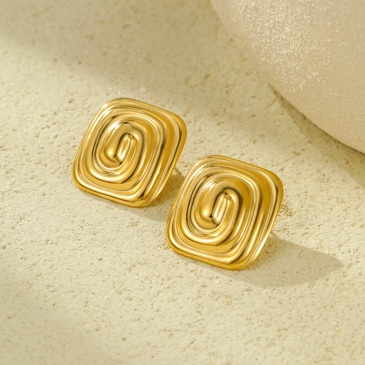 Gold Stainless Steel Rectangular Spiral Texture Titanium Steel Earrings Non Fading Stainless Steel Studs Women - Wanita Store