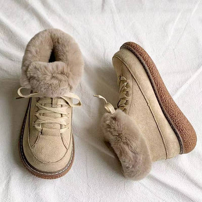 Warm Lace up Low Top Cotton Shoes Women Winter Fleece lined Thickened round Lace up Snow Platform Ankle Boots - Wanita Store