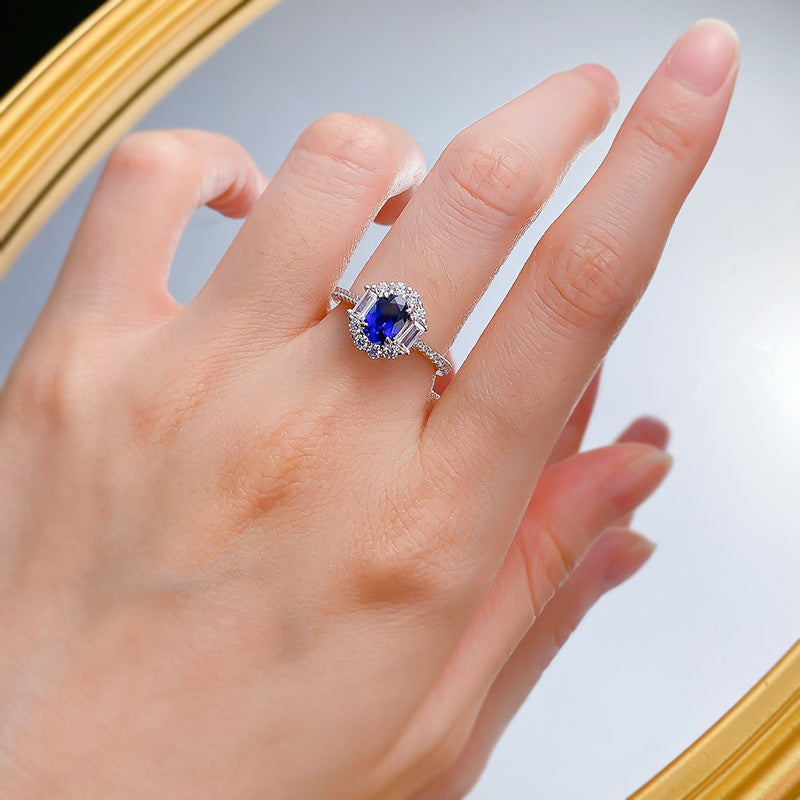 Jewelry S925 Silver Sapphire 5*7 Oval Ring Women Luxury Full Diamond All Match - Wanita Store