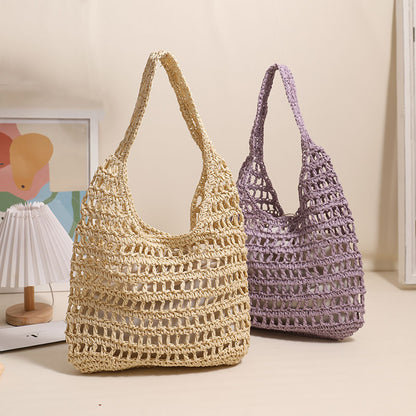 French Large Capacity Shoulder Straw Bag Hollow Out Cutout Tote Portable Straw Bag Woven Bag Seaside Vacation Beach Bag - Wanita Store