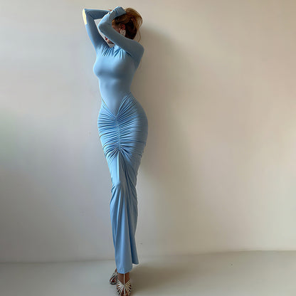 Women Clothing Autumn Solid Color Elegant Slim Slimming Pleated Turtleneck Long Sleeve Dress - Wanita Store