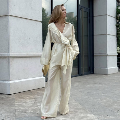 Vacaciones Tencel Otoño Cuello en V Top con Volantes Pantalones de Pierna Ancha con Cordones Conjuntos de Dos Piezas Ropa de Mujer