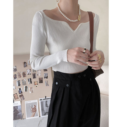 Petal Collar Short Sweater for Women Autumn Slim Fit Collarbone Bottoming Shirt - Wanita Store