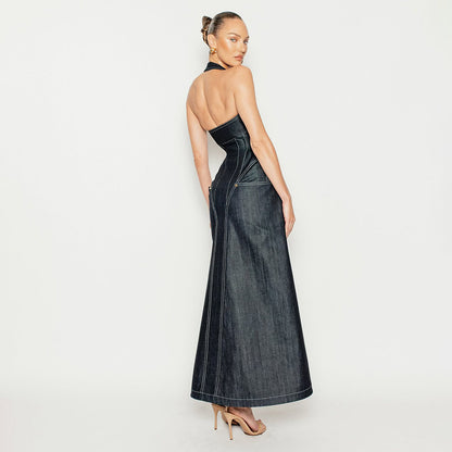 Elegante Vestido Liso sin Mangas con Cuello Halter Ajustado y sin Espalda de Jean para Verano