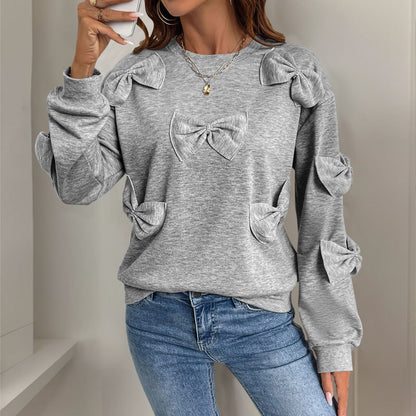 Casual Autumn Bow Stitching Gray round Collar Sweatshirt - Wanita Store
