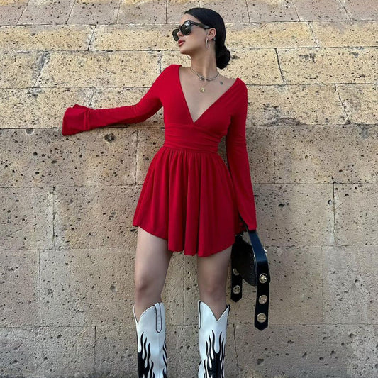 Women Clothing Autumn Sexy Backless Waist Trimming French V neck Long Sleeve Dress Sexy Sheath