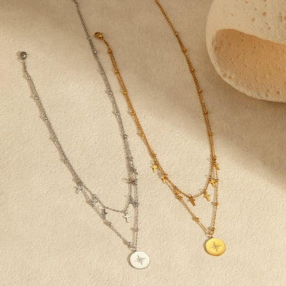 Retro Double Layer Twin Titanium Steel Necklace Cross Awn Star Round Brand Stainless Steel Necklace - Wanita Store