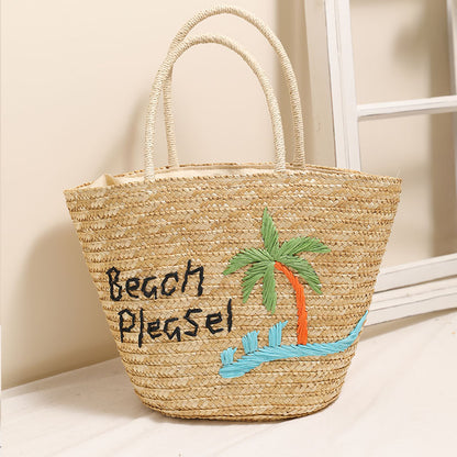 Coconut Embroidery Shoulder Straw Bag Letters Hand-Carrying Woven Bag Vacation Beach Bag Large Capacity Rattan Bag - Wanita Store