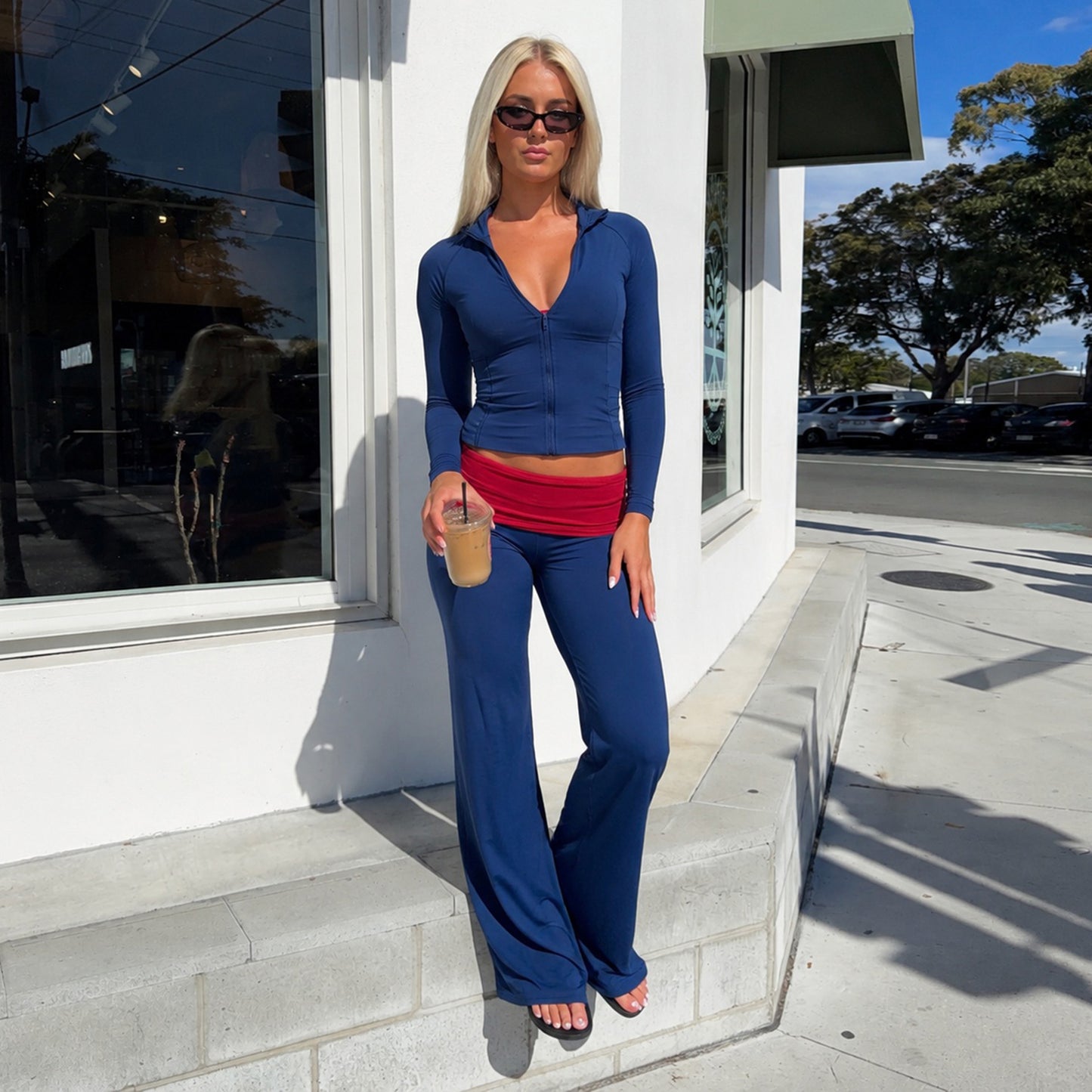 Street Sports Casual Yoga Stand Collar Long Sleeve Zipper T shirt Waist Contrast Color Straight Wide Leg Pants