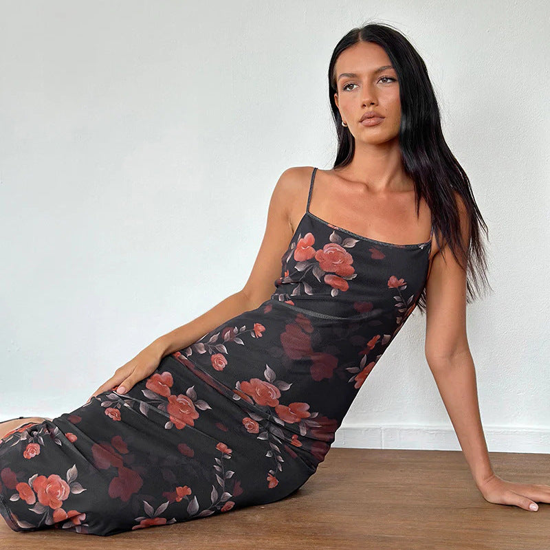 Spring Maxi Dress Socialite Elegant Sexy Slim Straps Tulle Printed Dress