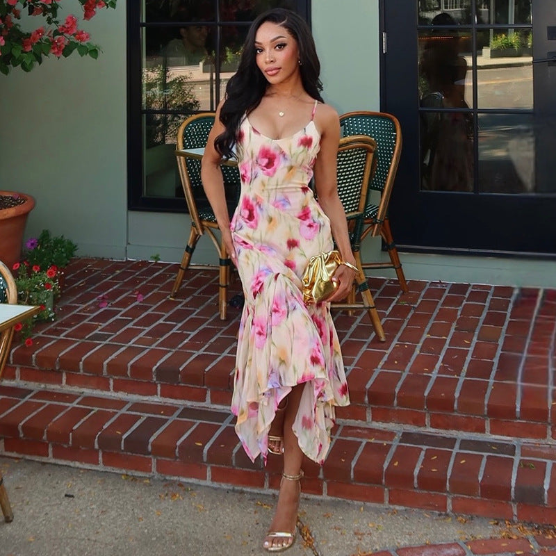 Outing Sweet Women Slim Fit Breathable Printed Cami Dress U Collar Sleeveless Long Dress