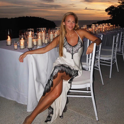 Lace Spaghetti Strap Maxi Dress Summer Artificial Silk Sexy Slit Stitching Lace Dress Women - Wanita Store