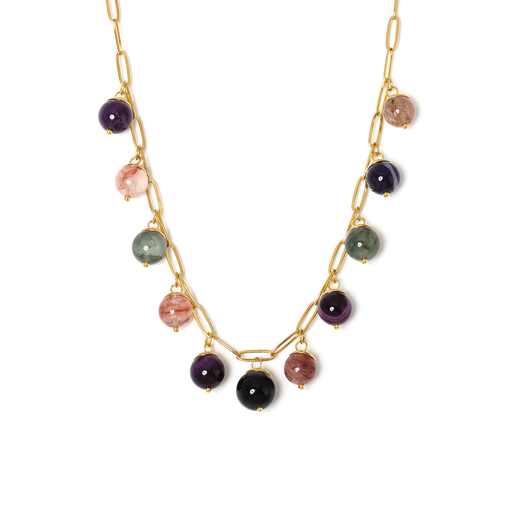 Mioli Handmade Chain Colorful Natural Stone Bohemian Necklace Women Stainless Steel All Match Internet Celebrity Embellished Jewelry - Wanita Store