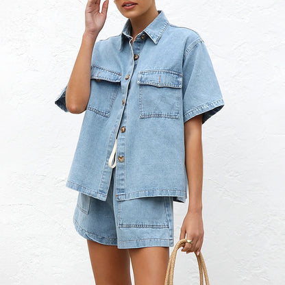 Light Blue Top Shorts Suit