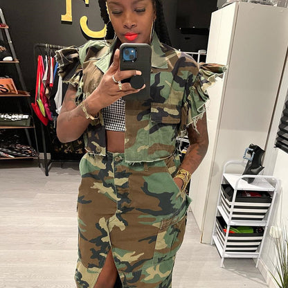 Camouflage Women Clothing Flounce Sleeve Pocket Personalized Cardigan Outdoor Short Sleeve Women Coat - Wanita Store