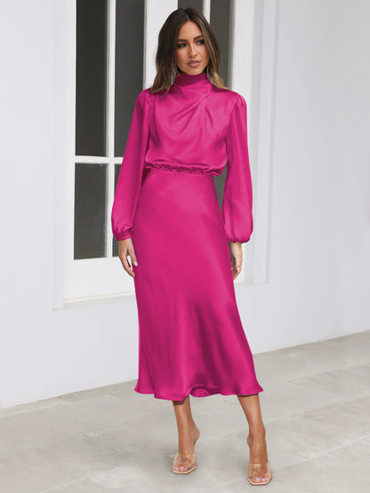 Autumn High Grade Satin Long Sleeve Loose Dress Elegant Women Dress Evening Dress Dress - Wanita Store