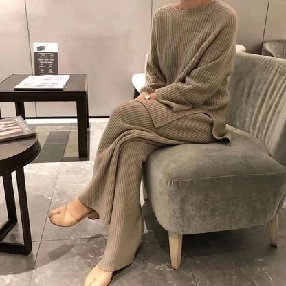 Solid Color Split Sweater Wide Leg Pants Two Piece Set Women Spring Loose Spring Autumn Knitting Suit - Wanita Store