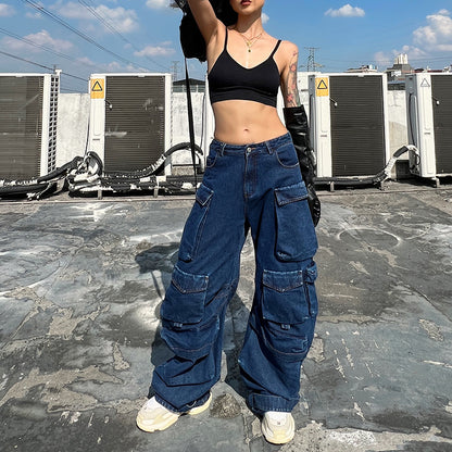 Personality Stitching Denim Trousers Autumn High Waist Large Pocket Loose Casual Wide Leg Pants Women Clothing - Wanita Store