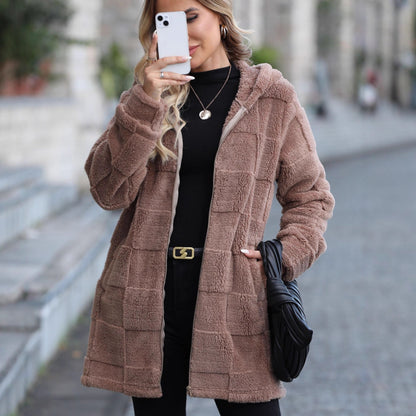 Autumn Winter Women Clothing Loose Hooded Long Cardigan Plush Coat - Wanita Store