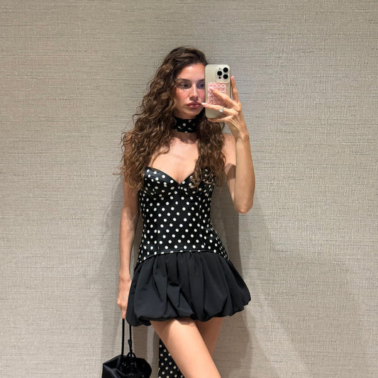 Fall Women Clothing V neck Sexy Polka Dot Color Matching Ribbon Slim Dress