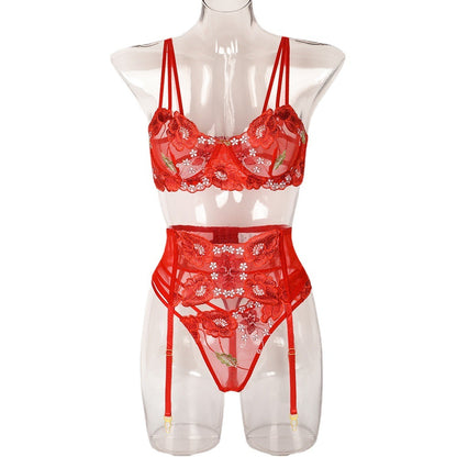 Sexy Three-Piece Set Red Embroidery Girl Three-Piece Set with Steel Ring