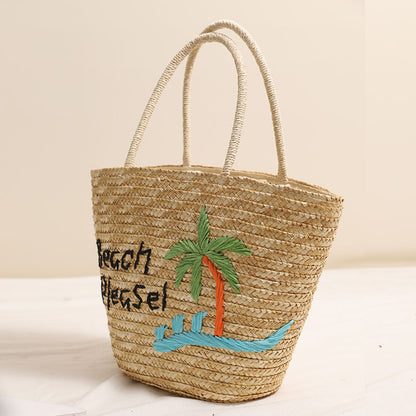 Coconut Embroidery Shoulder Straw Bag Letters Hand-Carrying Woven Bag Vacation Beach Bag Large Capacity Rattan Bag - Wanita Store