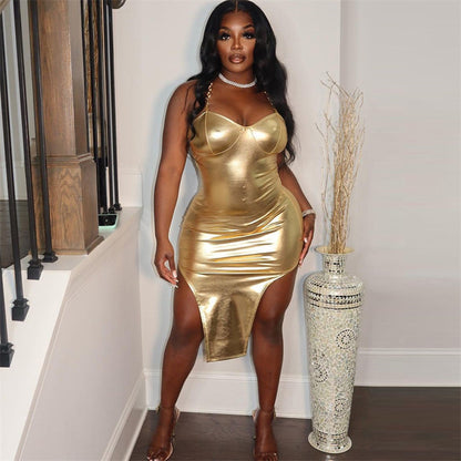Women Clothing Autumn Bronzing Color Tube Top Sexy Waist Tight Hip Bag Irregular Asymmetric Spaghetti Strap Dress Women - Wanita Store
