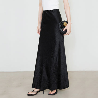 Women Clothing Summer Satin Skirt High Waist Elastic Hand-Held Pattern Long Skirt Elegant Solid Color Long Skirt - Wanita Store
