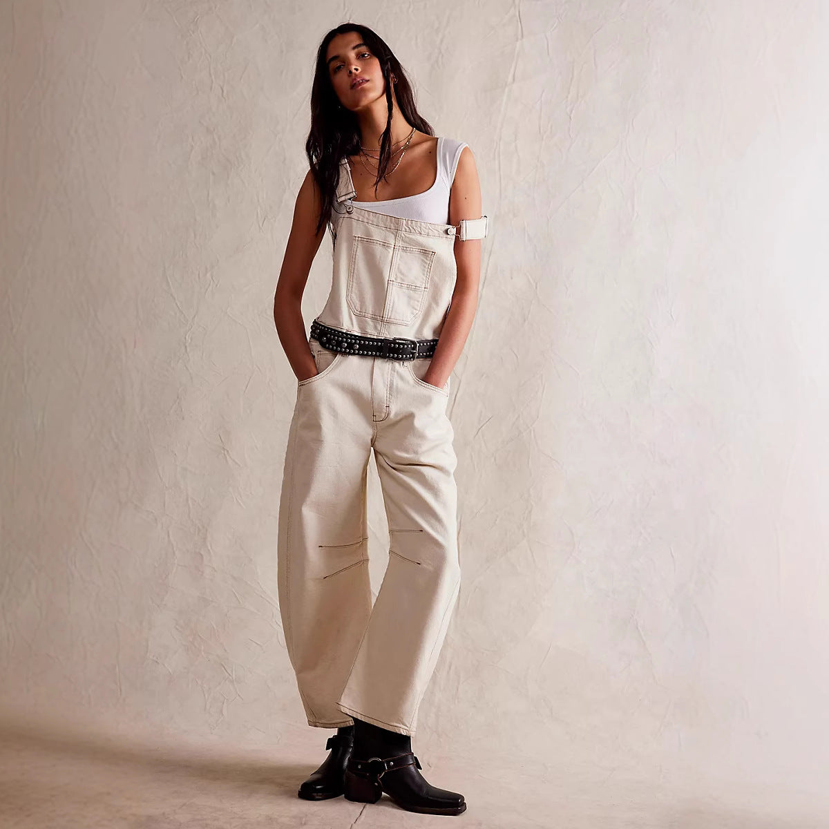 Street Washed out Vintage Loose Straight Cargo Jeans Suspender Pants