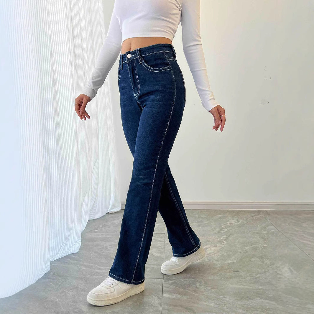 Casual Straight Leg Simple Comfortable Stretch Embroidery Jeans Women