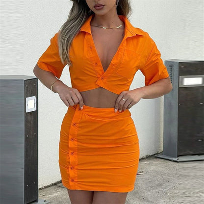 Spring Summer Two Piece Set Sexy Collared High Waist Short Sleeve Shirt Outfit - Wanita Store