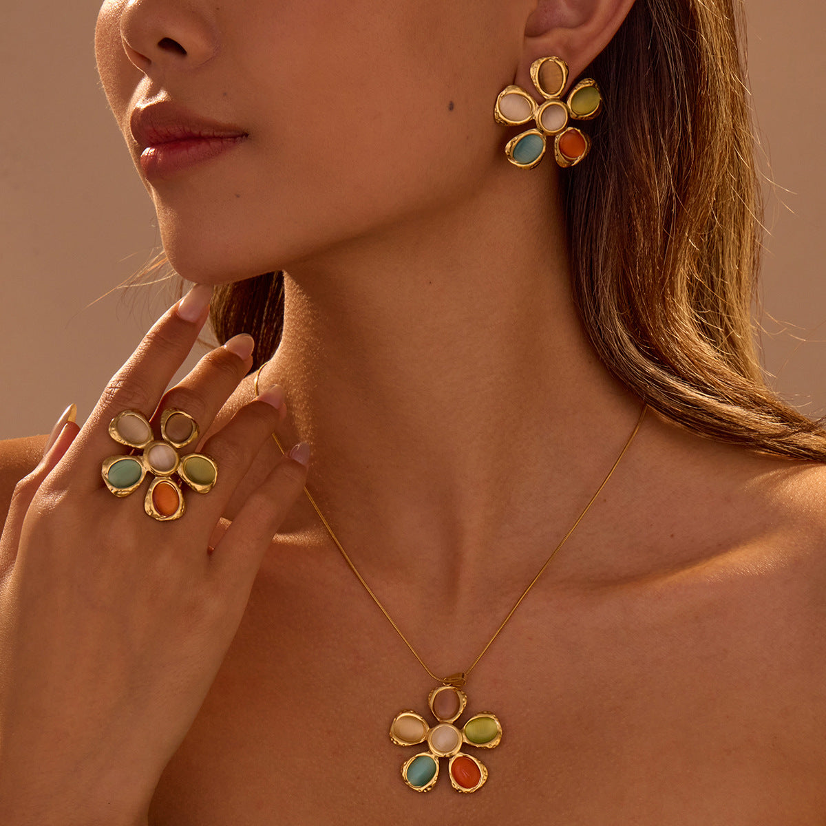 Retro 18K Gold Stainless Steel High Grade Color Opal Hammered Floral Earrings Earrings - Wanita Store