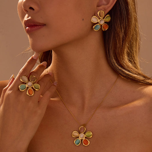 Retro 18K Gold Stainless Steel High Grade Color Opal Hammered Floral Earrings Earrings - Wanita Store