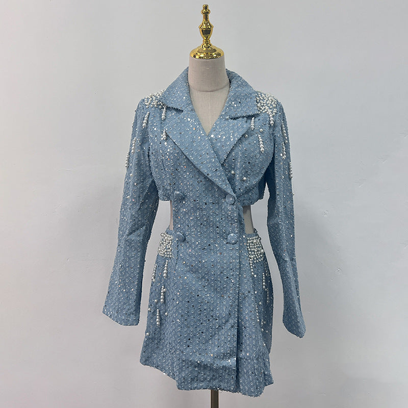 Dress Women Autumn Winter Pearl Stitching High Sense Cropped Outfit Long Sleeve Short Dress