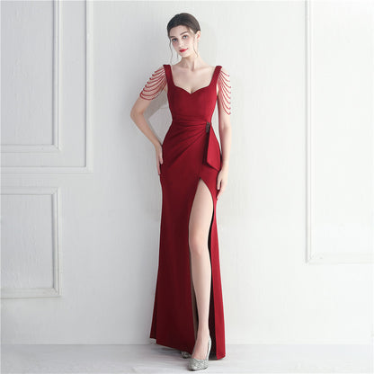 Craft Beaded Car Model Bridesmaid Performance Wedding Long Slit Evening Dress - Wanita Store