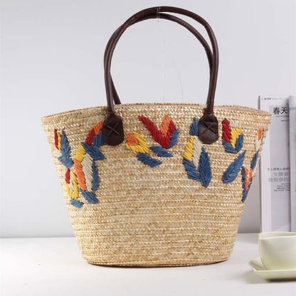 Fresh Embroidered Straw Bag Casual Bag Woven Bag Women Bag Shoulder Portable Seaside Vacation Beach Bag - Wanita Store