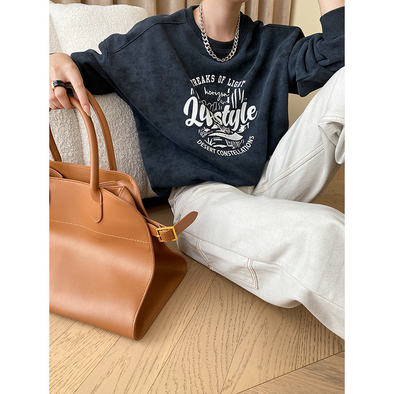 Mottled Tone Casual Letter Graphic Printed Casual round Neck Loose Shoulder Sweatshirt