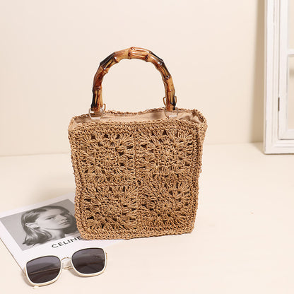 Bamboo Handle Straw Bag Paper String Square Crocheted Women Bag Fresh Casual Woven Bag Beach Bag - Wanita Store
