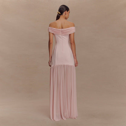 Elegant Tube Top Ladies Dress Sexy Mesh Stitching Backless Pleated Slim Fit Maxi Dress - Wanita Store