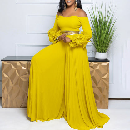 Off Neck Ruffle Sleeve Solid Color Pleated Wide Leg Jumpsuit - Wanita Store