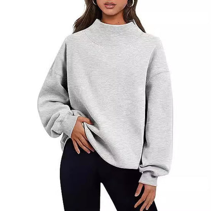 Women Autumn Winter Casual Fleece Shirt Women Thick Half Turtleneck Loose Sweatshirts - Wanita Store