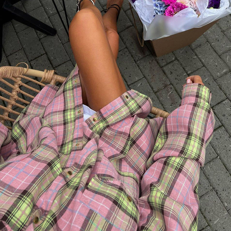 Casual All Matching Plaid Shirt Women Spring Autumn Retro Lapels Long Sleeve Loose Cardigan Top Shirt - Wanita Store