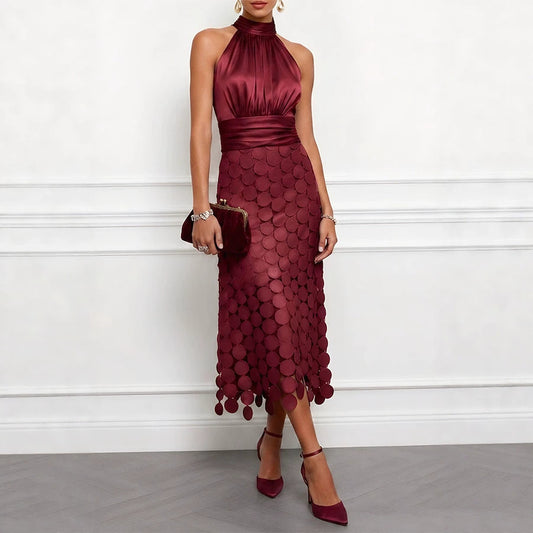 Spring Summer Satin Stitching Sleeveless Dress Vacation Casual Dress