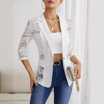Autumn Winter Elegant Solid Color Lace Stitching Small Blazer Women Top - Wanita Store