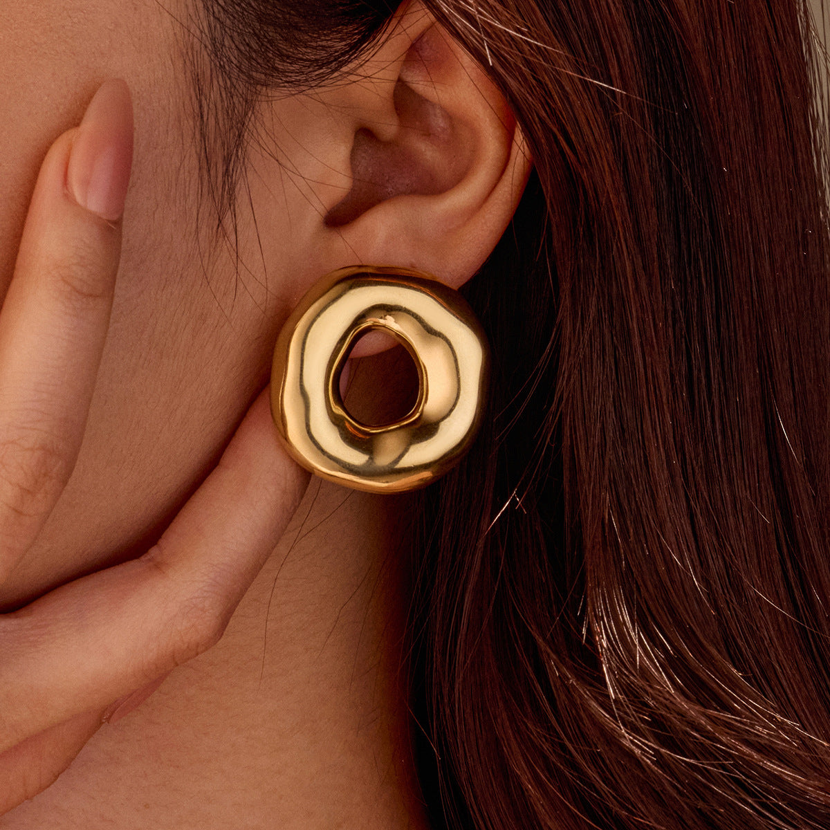 Hollow Out Cutout Irregular Asymmetric Hollow Out Cutout round Stainless Steel Studs 18K Gold Women Titanium Steel Earrings Earrings - Wanita Store