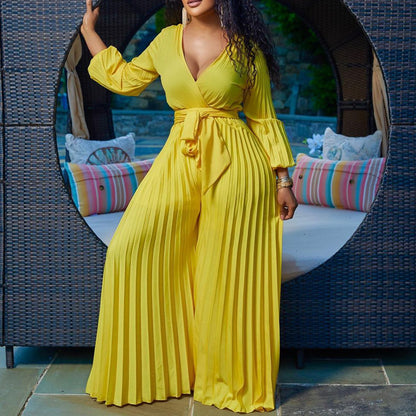 Summer V neck Sexy Lace up Pleated Wide Leg Jumpsuit - Wanita Store